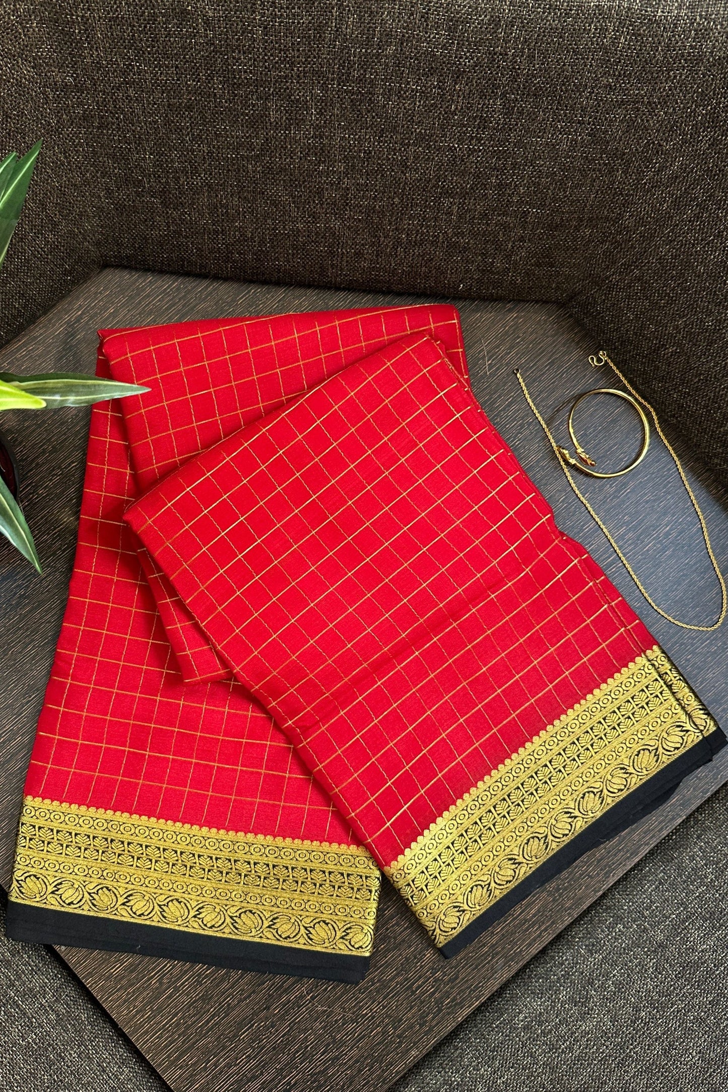 Checkered Style - Red & Black Silk Saree
