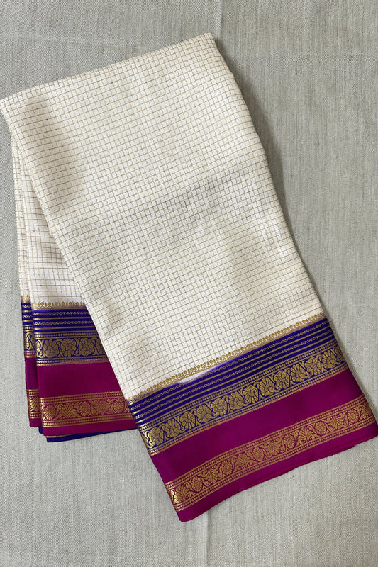 Checkered Style - Creame & Purple Silk Saree